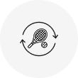 Icon of a tennis racket with circular arrows around it.