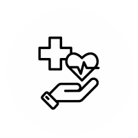 Icon of a hand holding a heart with a medical cross.